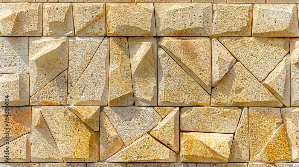 Poster a close up of a wall made of blocks of different shapes and sizes with a bird perched on top of one 