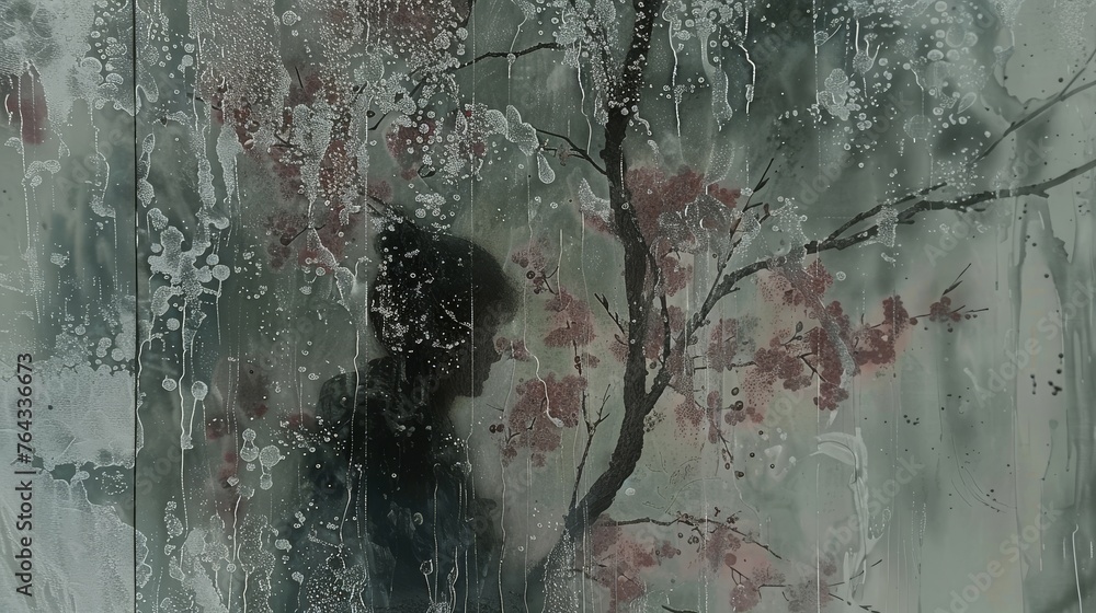 Poster a painting of a person standing in front of a tree with red flowers on it and rain falling on it.