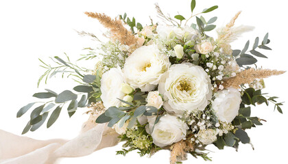 Bukiet ślubny w stylu boho z białymi kwiatami, gałązkami eukaliptusa i trawami na białym tle