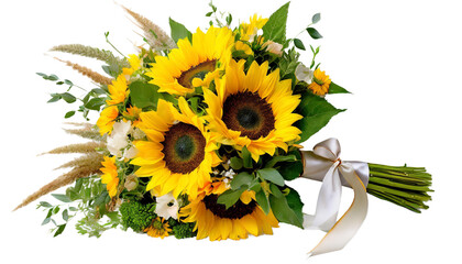 Wiązanka ślubna z kwiatami słonecznika i trawami na przezroczystym tle - obrazy, fototapety, plakaty