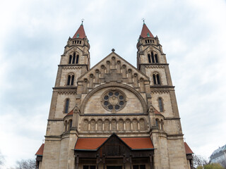 Fototapeta na wymiar St. Francis of Assisi Church exterior details and facade view, Vienna, Austria