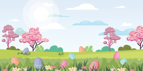 Sunny Easter outdoor illustration, green lawn with hidden easter eggs