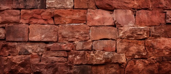 A focused view of a brick wall featuring vibrant red stones for texture and color