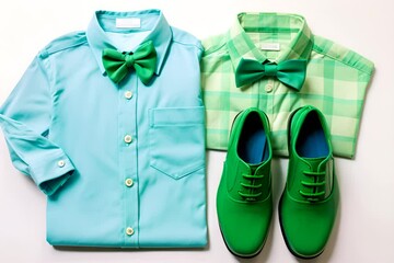 A stylish men's fashion ensemble with a blue shirt, green bow tie, and matching shoes.