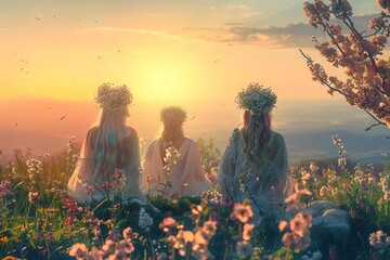 Mysterious witches perform spring equinox renewal ritual in blooming nature, spiritual meditation concept