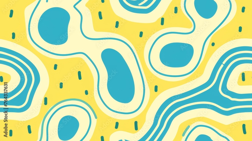 Poster a yellow and blue abstract background with wavy lines and circles in the center of the image, with a