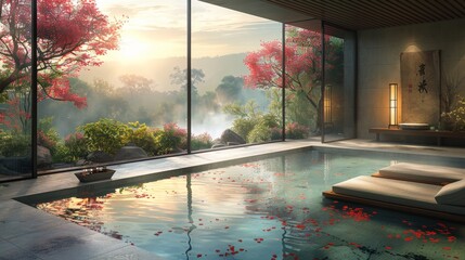 Spa in a Japanese landscape. Ancient architecture, hot springs. 3D illustration. 3D rendering.