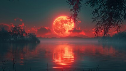 Symbolic drawing of a red moon rising above trees and water in a Chinese style. It is made in a 3D format.