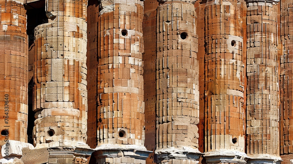 Poster a close up of a group of stone pillars with holes in the middle of the columns and a bird perched on