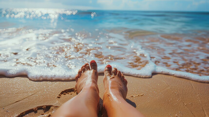 Fototapeta na wymiar Sandy Sole Serenity: Macro Beach Feet. Generative AI