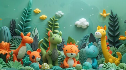 Fototapeta na wymiar Whimsical Clay Animals Explore a Vibrant Fantasy Jungle Landscape with Clouds and Foliage