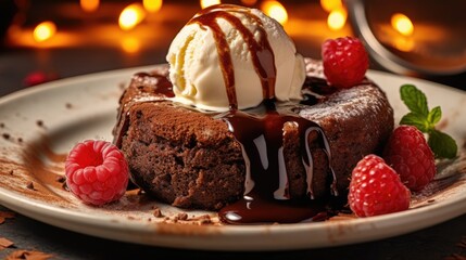 Chocolate dessert fondant lava cake with vanilla ice cream and fresh berries. Dessert