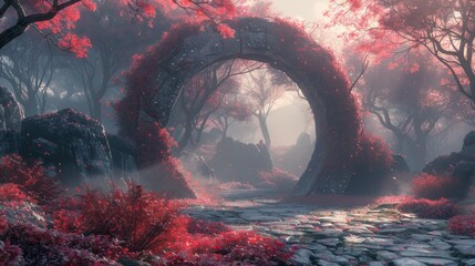 This stone portal in a flower arch is in a pink forest clearing that is part of a fairytale. An amazing time travel idea. 3D rendering. Raster illustration. - obrazy, fototapety, plakaty