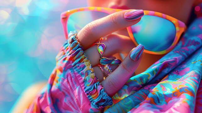 A close-up of elegant hands holding designer sunglasses