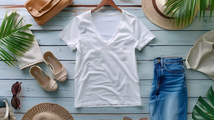 A photo of a white V-neck tee shirt for display with - obrazy, fototapety, plakaty