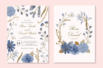 wedding invitation with vintage blue watercolor frame