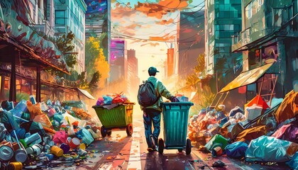 Ilustração de coleta de lixo. Um homem coletando lixo. - obrazy, fototapety, plakaty