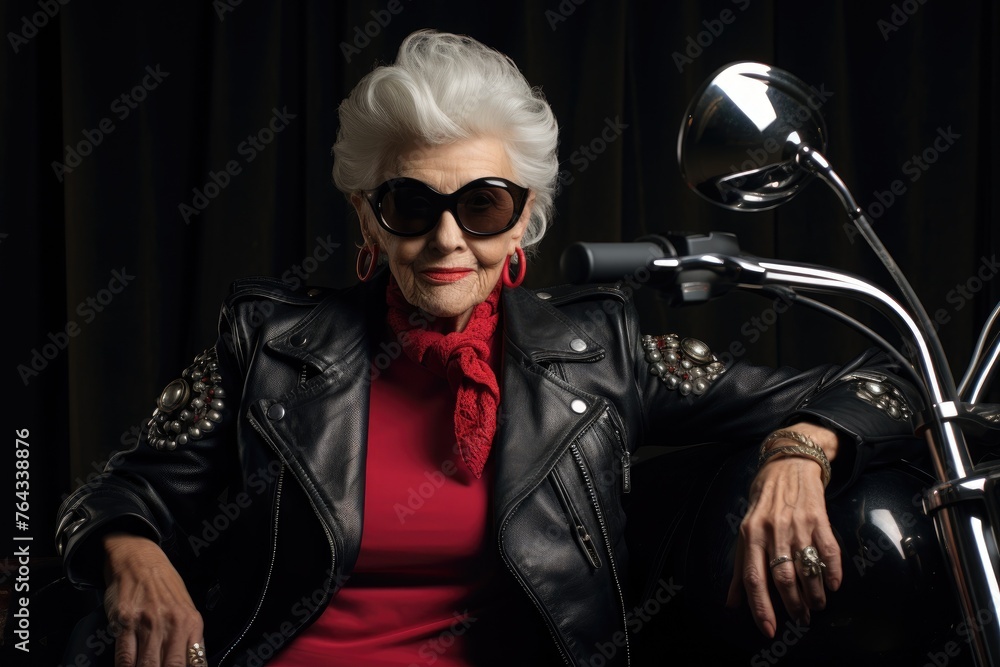 Wall mural cool grandma on a motorcycle, face portrait. mature woman in black leather jacket look at camera. ol