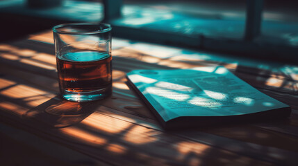 a book sitting on top of a wooden table next to a glass filled with liquid on top of a wooden table.