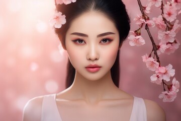 Obraz na płótnie Canvas Asian beauty model face portrait with cherry blossom background. Fashion japanese model look at camera, blurred pink flowers background. Spa relax and cosmetology advertising banner