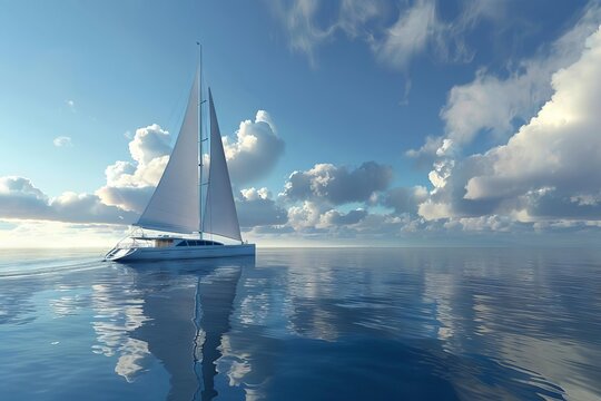 Realistic 3D render of a luxury yacht sailing on a calm sea, digital illustration