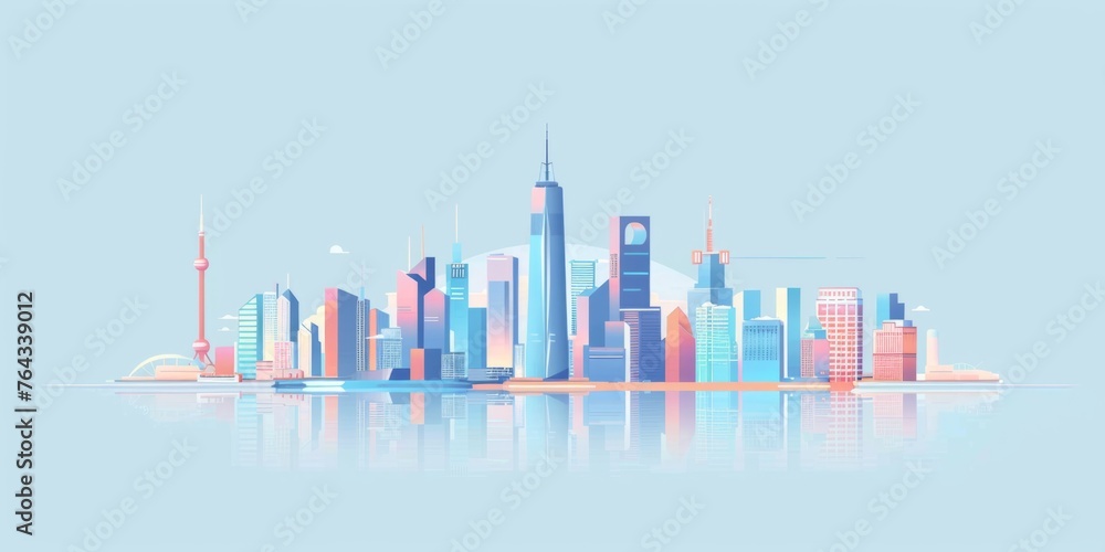 Poster cityscape with buildings and skyscrapers, using simple shapes and lines minimalistic design uses pas