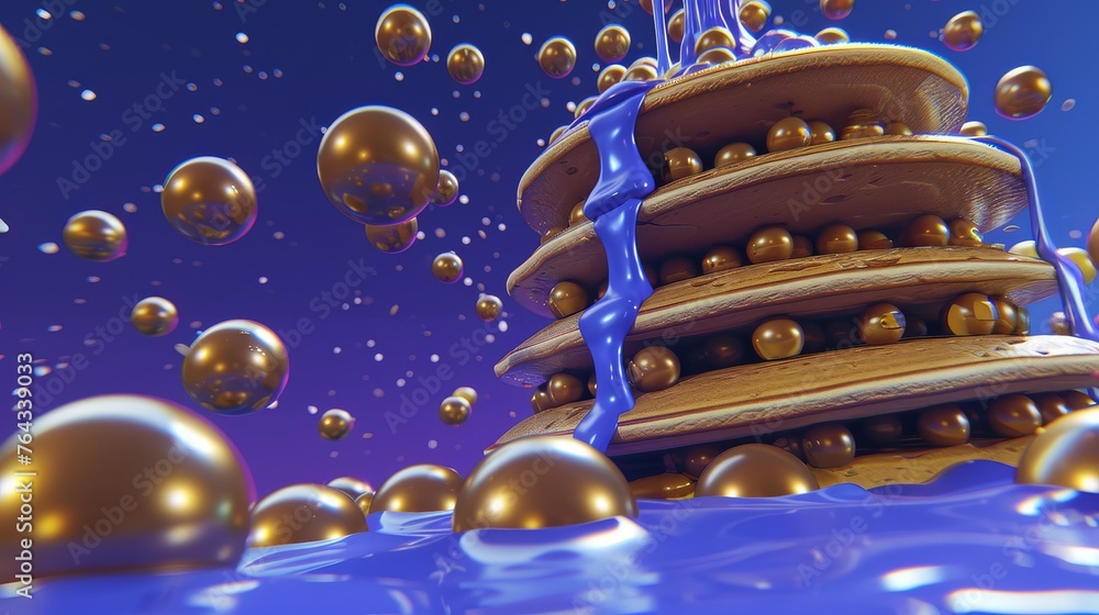 Poster a computer generated image of a christmas tree made out of gold balls and a stream of blue stream of