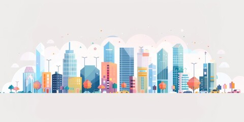 A simple flat cityscape with buildings and trees, showcasing urban life in shades of blue composed of geometric shapes representing skyscrapers Generative AI