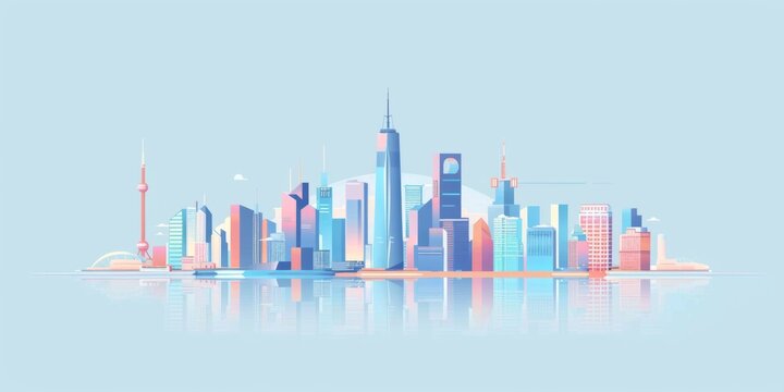 cityscape with buildings and skyscrapers, using simple shapes and lines minimalistic design uses pastel colors on a light blue background Generative AI