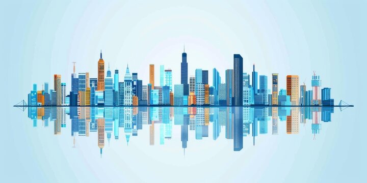 cityscape illustration with buildings, skyscrapers and other urban elements on a light blue background, symbolizing growth in the real estate market or global business environment Generative AI