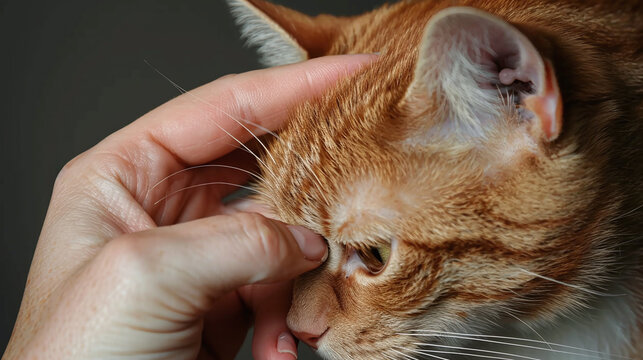 close up person removes eye discharge from cat's eye