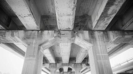 Obraz premium a black and white photo of the underside of a bridge over a body of water with a bridge in the background.