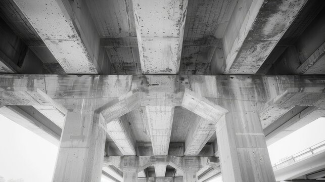 a black and white photo of the underside of a bridge over a body of water with a bridge in the background.