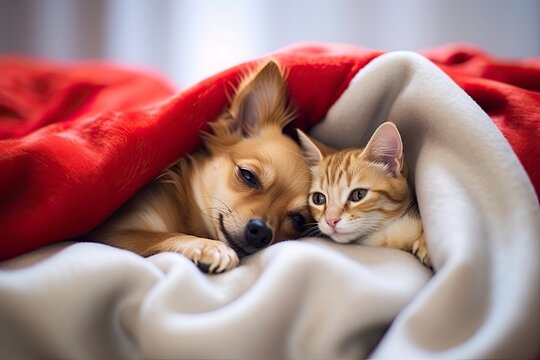 Cute kitten and Toy terrier puppy sleep together with red heart under warm blanket on a bed at home. Valentines day concept and copy space - generative ai