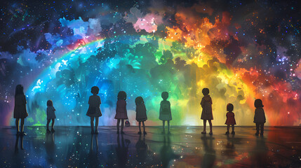 Close-up view of children under the huge rainbow - obrazy, fototapety, plakaty