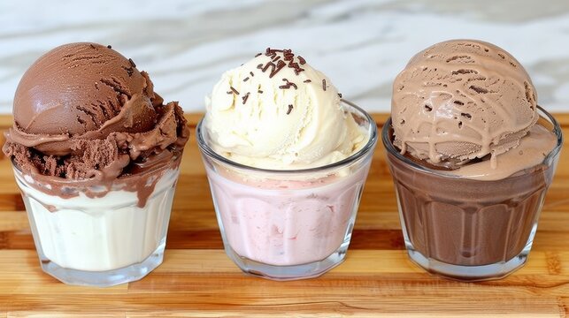 three different kinds of ice cream in a glass cup on a wooden tray with a marble wall in the background.