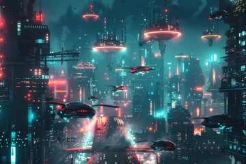 Retro-futuristic cityscape with flying cars and neon lights, sci-fi digital art illustration