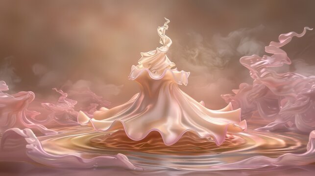 a digital painting of a woman in a white dress standing in a body of water surrounded by pink and white smoke.