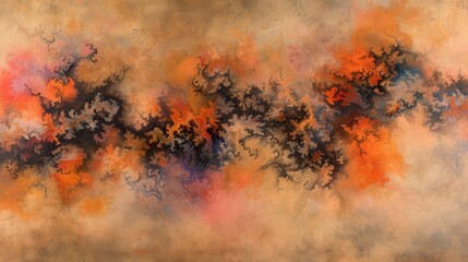 a painting of oranges and browns on a beige background with a black and white design on the left side of the painting.