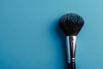 Professional Photo of Makeup Brush on Baby Blue Background with Centered Composition and Copy Space. Concept Product Photography, Makeup Accessories, Baby Blue Background, Centered Composition