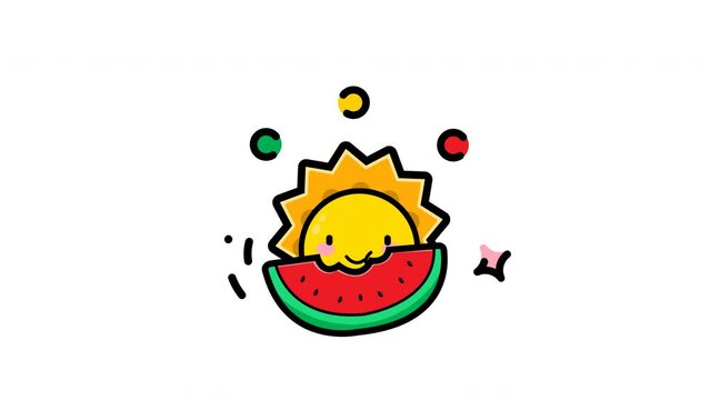 Animated Cheerful cartoon sun, featuring watermelon motif, ideal for summerthemed designs, childrens products, food blogs, and tropicalthemed projects.

