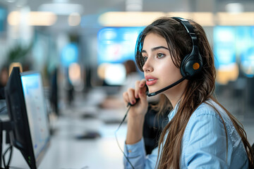 Young Caucasian female operator, brunette in her 20s, working in an office with a headset and microphone looking at a computer screen