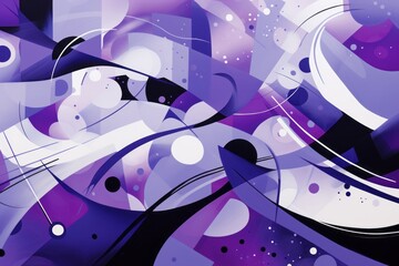 A bold purple and gray background with abstract shapes
