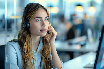 Blue-eyed blonde woman in her 20s, working in customer service in an office with headset with microphone looking at computer screen.