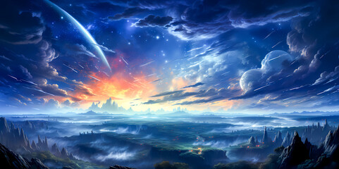 Magical Sunset with Meteors over Fantasy Terrain