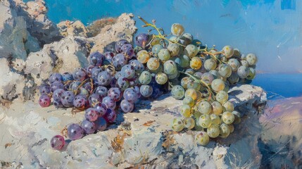 Naklejka na ściany i meble a painting of a bunch of grapes sitting on top of a rocky outcropping next to a body of water.
