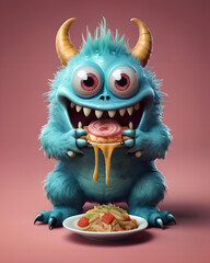 Happy small blue monster eating, for 3d design, for characters design, for ilustrations design.