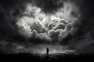A person's silhouette against a cloudy sky, portraying inner darkness