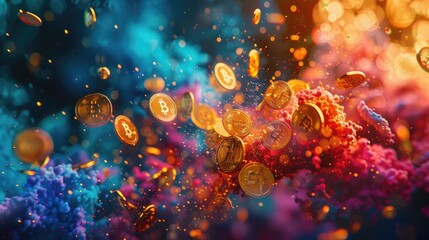 Fototapeta na wymiar Sparkling Cryptocurrency Coins in Vibrant Digital Space