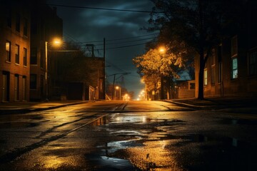 A road at night, illuminated by the warm glow of streetlights